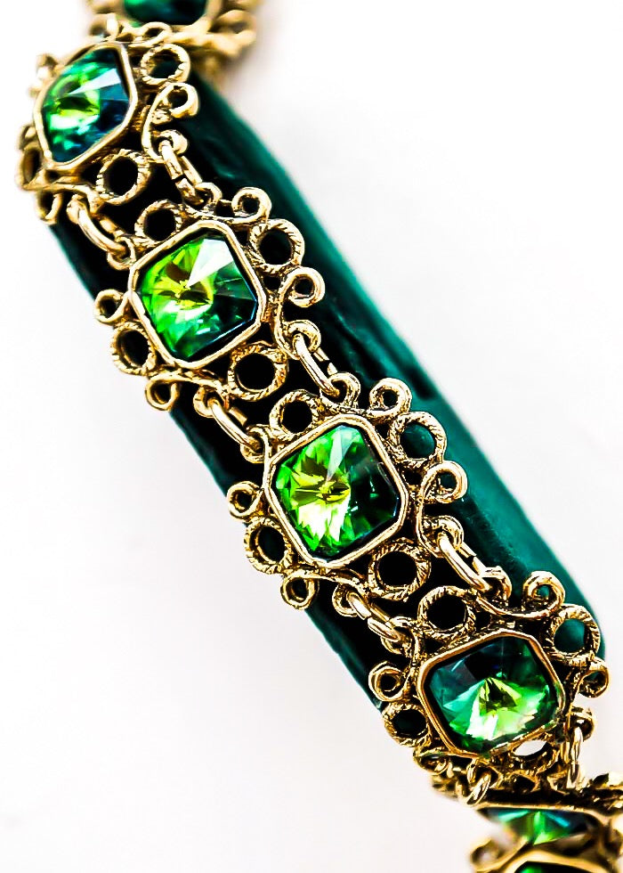 Vintage 1960s Rivoli Glass Blue Green Rhinestone Goldtone Filigree Bracelet