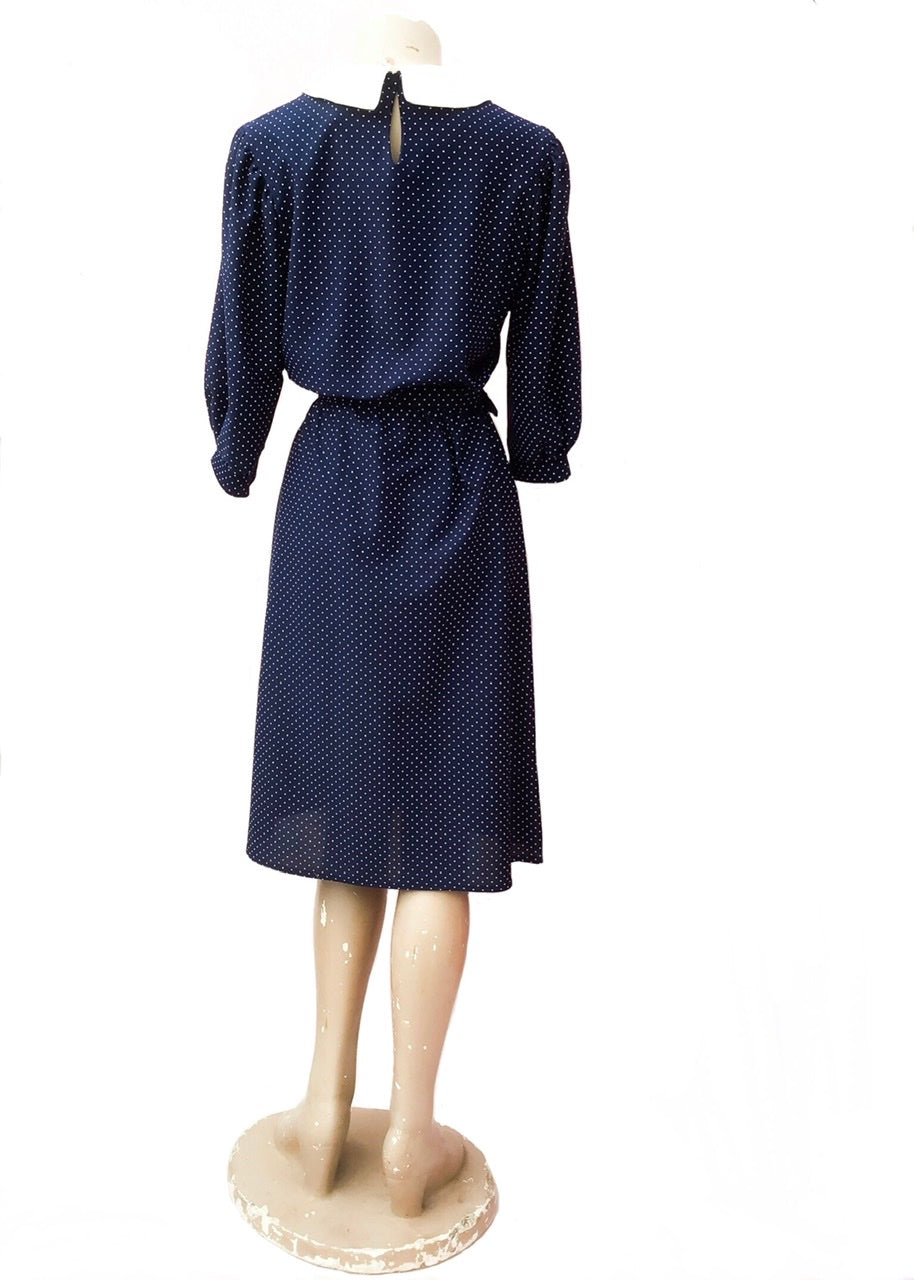 1970s Blue Swiss Dot Dress With Peter Pan Collar and Red Bow