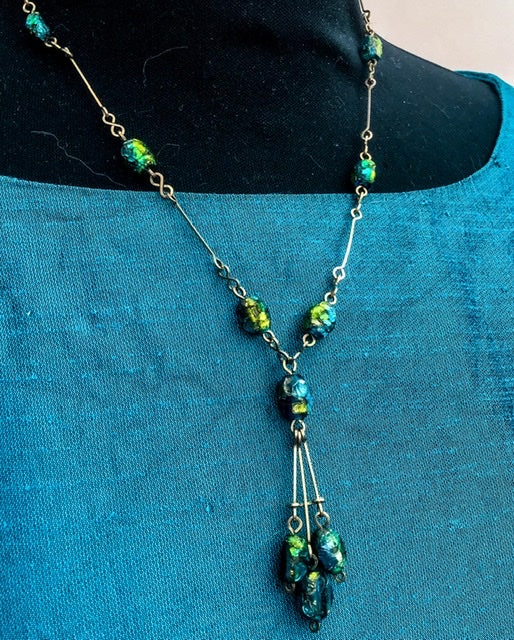 1900s Antique Nouveau Foiled Peacock Art Glass Lavaliere Necklace