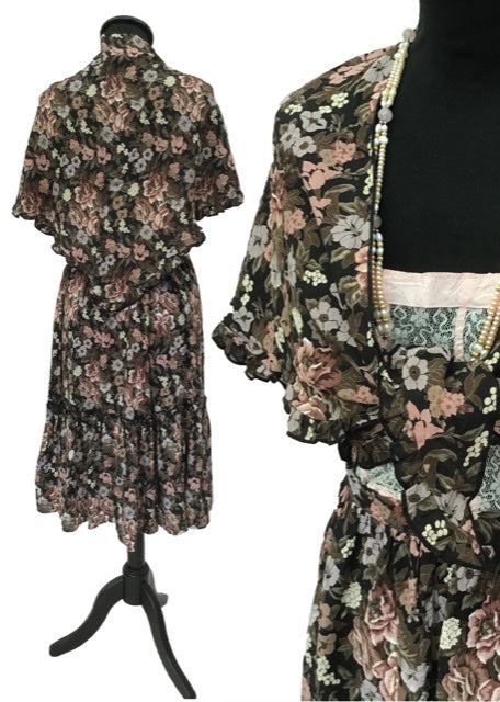 1970s Vintage Brown Floral Print Prairie Skirt & Shawl
