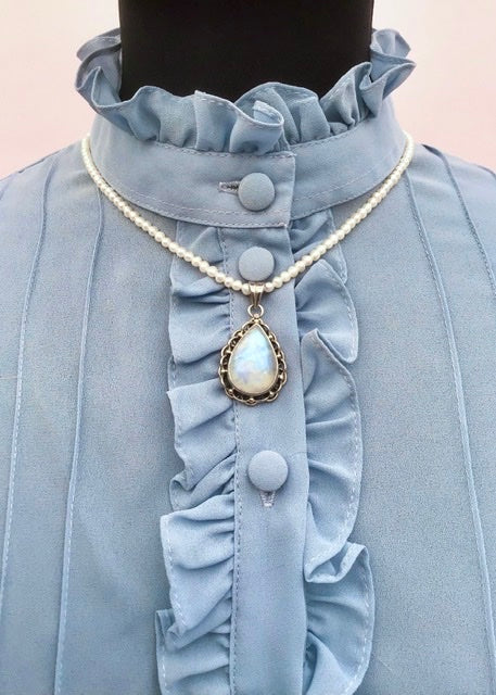 1980s Blue Ruffle Pie Crust Neck Secretary Blouse