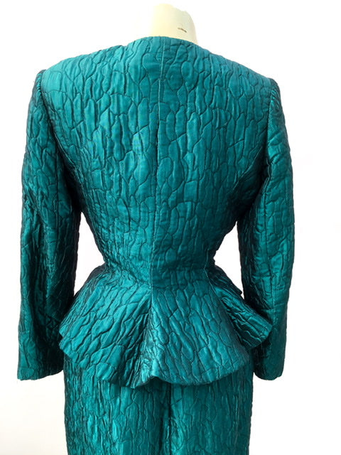 1990s Turquoise Quilted Skirt Suit by Hardie Amies