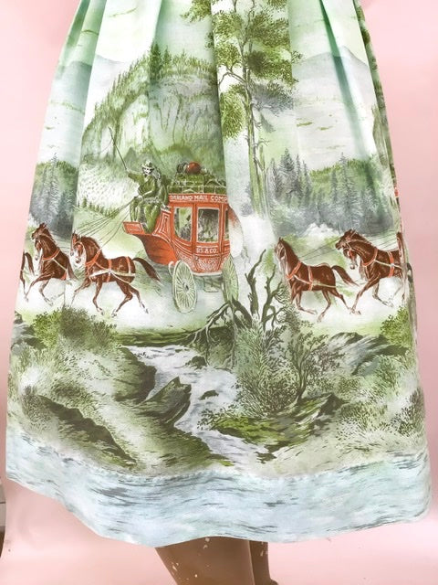 Vintage 50s Novelty John Wolf Border Print Cotton Skirt • Stage Coach