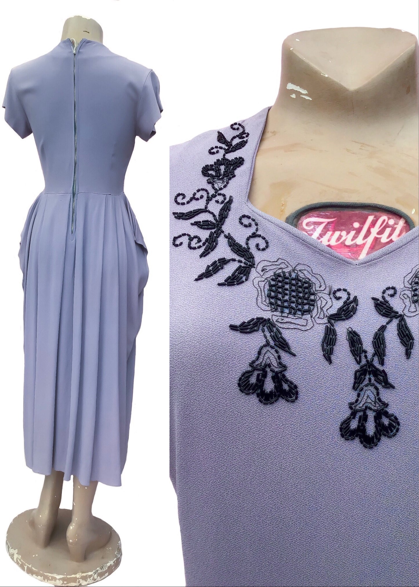 1940s Vintage Lilac Cocktail Dress with Black Bead Decorations