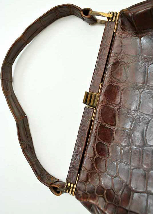 1940s Vintage Crocodile Handbag • Brass Clasp