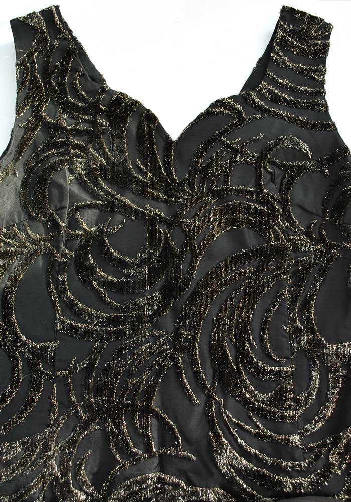 1960s Vintage Black and Gold Flocked Cocktail Wiggle Dress • Metallic • Shift Dress