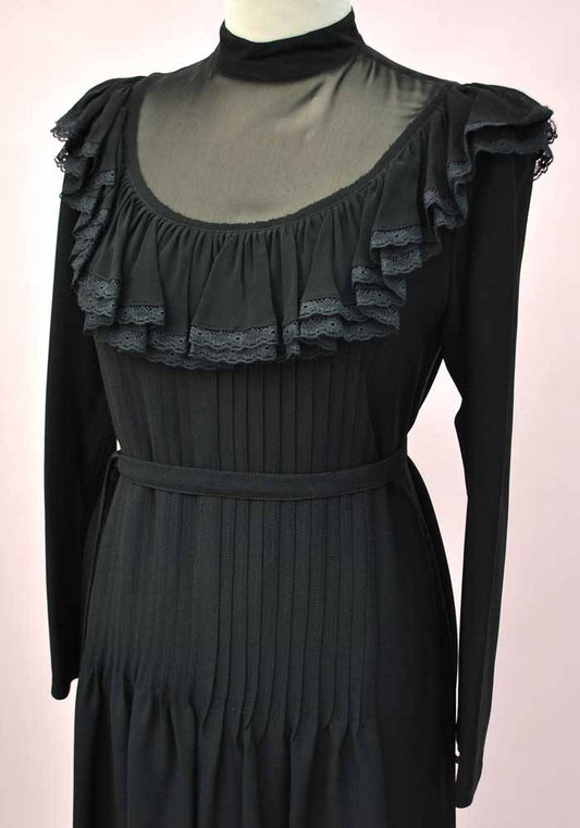 1970s Vintage Black Chiffon Pleated Cocktail Dress • Illusion Bodice