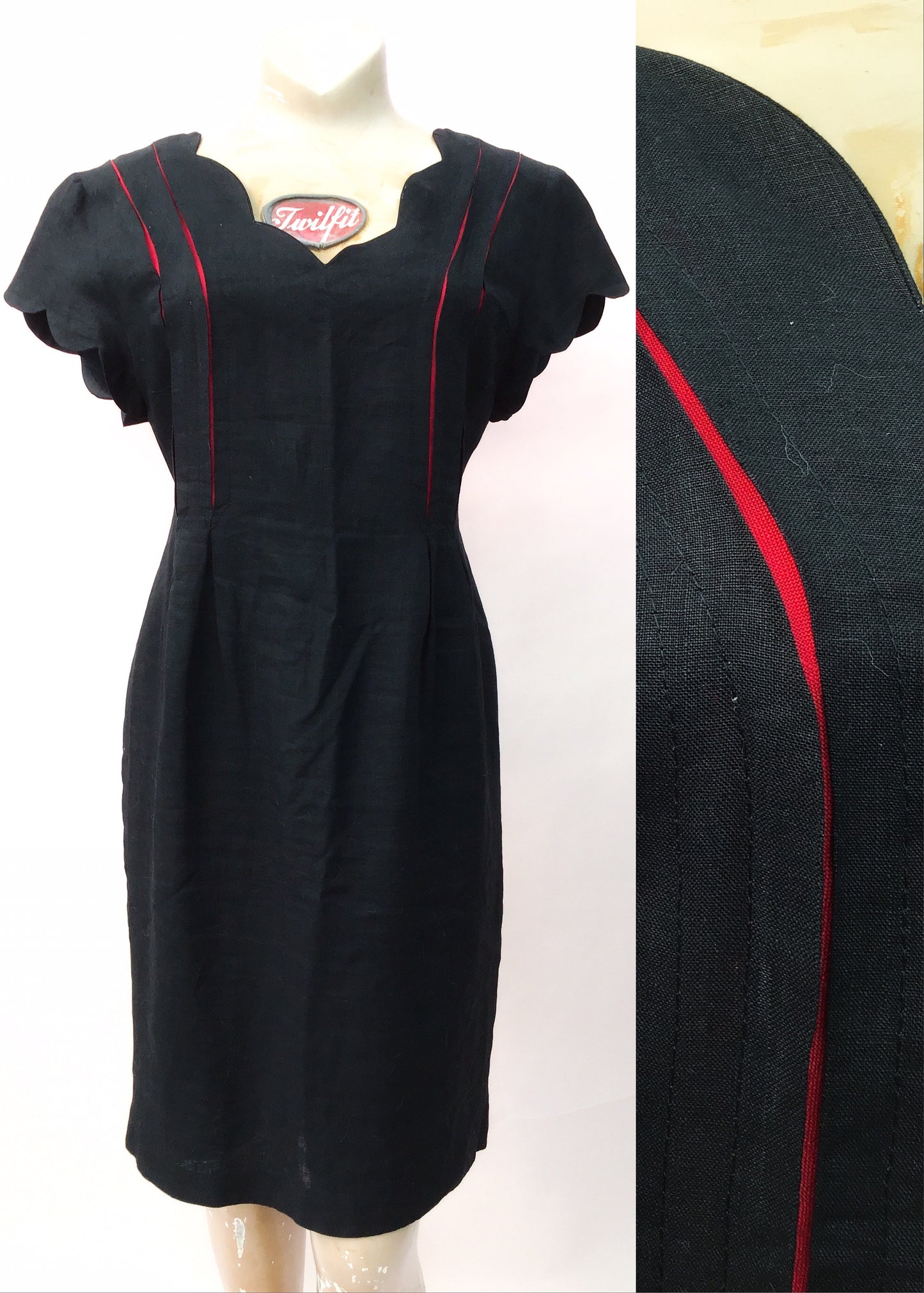 1980s Black & Red Linen Vogue Wiggle Shift Dress