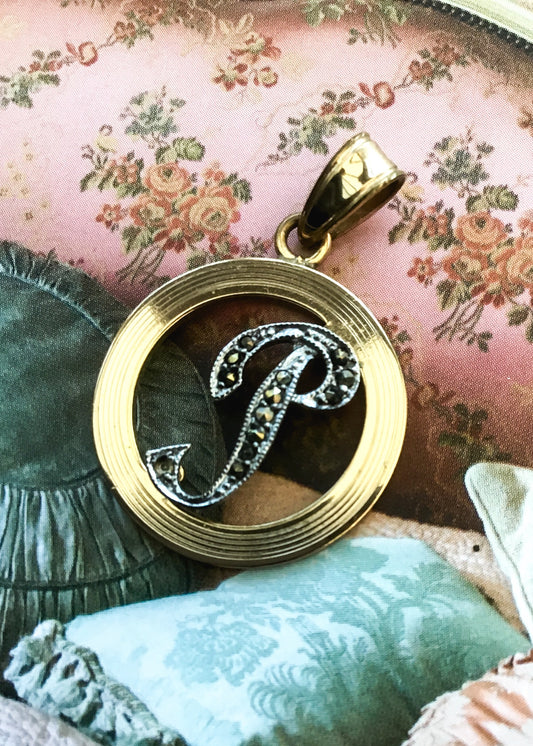 1970s Vintage Gold & Marcasite Initial Letter P Pendant