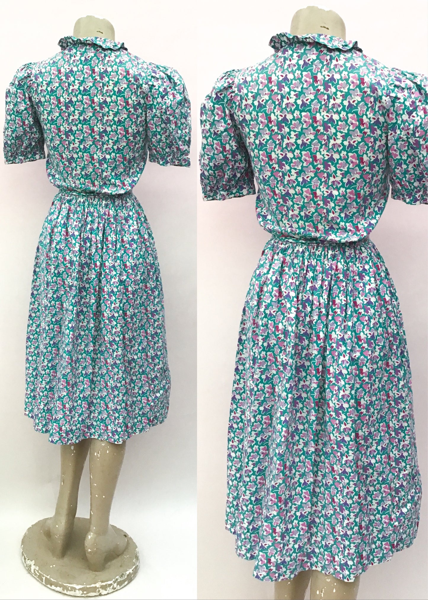 Vintage Lilac Turquoise Floral Cotton Summer Tea Dress