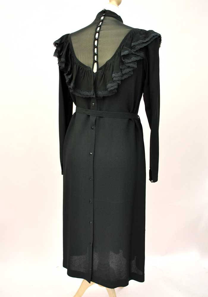 1970s Vintage Black Chiffon Pleated Cocktail Dress • Illusion Bodice