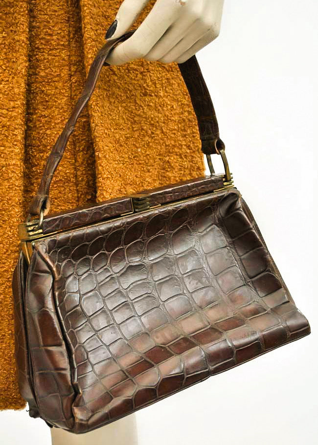 1940s Vintage Crocodile Handbag • Brass Clasp