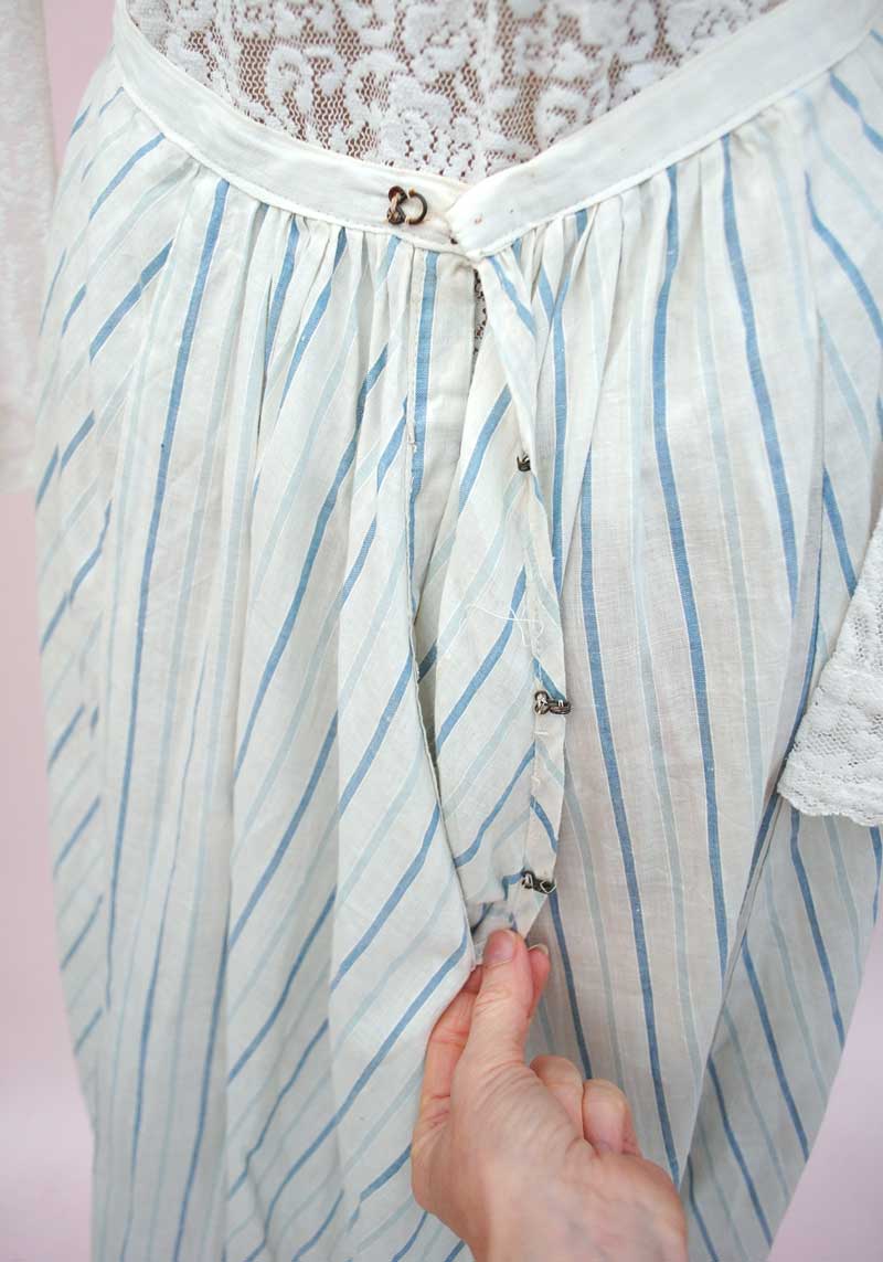 Antique Edwardian White and Blue Striped Cotton Skirt • Lace Trim Ruffles