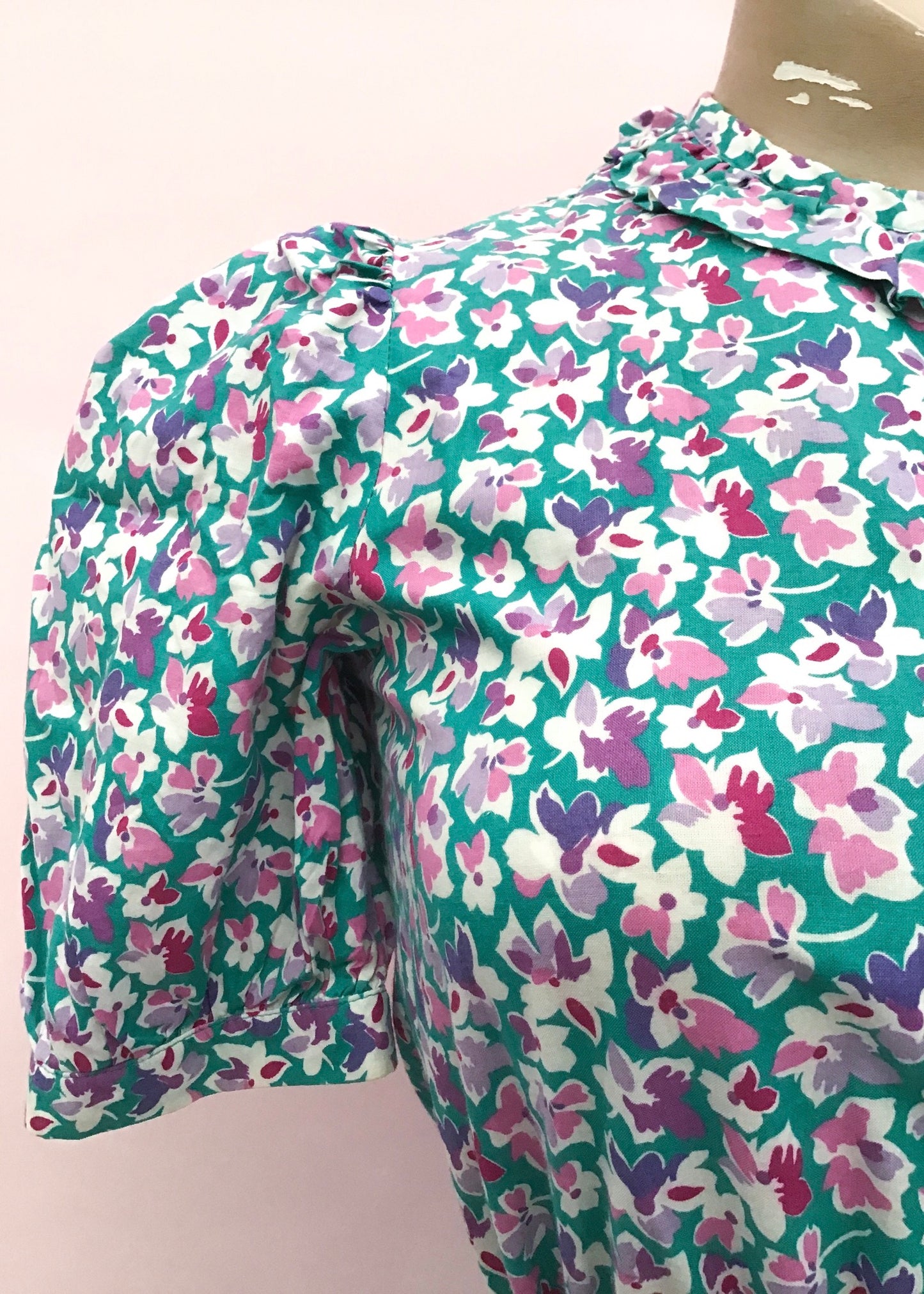 Vintage Lilac Turquoise Floral Cotton Summer Tea Dress
