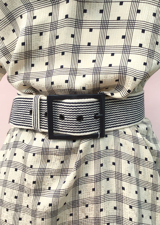 Blue striped canvas belt with enamel buckle