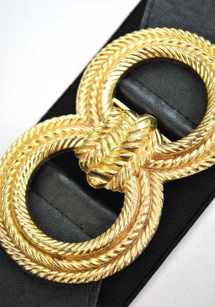 1990s Elasticated Black Cincher Belt With Gold Rope Buckle