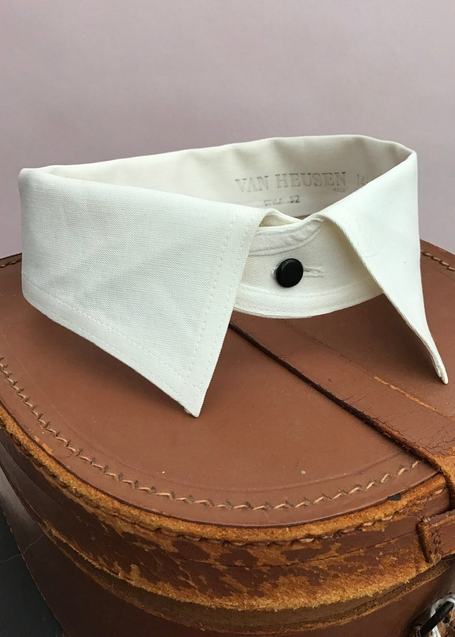 two vintage white cotton semi starched van heusen detachable collars for mens period shirts, style 99 and style 52. For sale.