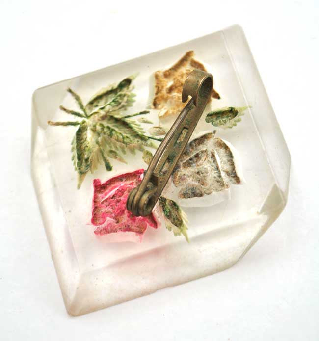 vintage deco brooch RC lucite carved flowers