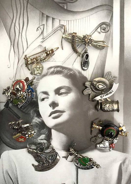a collection of eight vintage alpine souvenir brooches