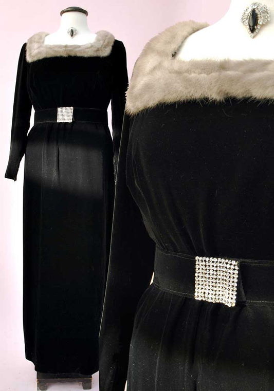 vtg 50s fur trimmed velvet dress