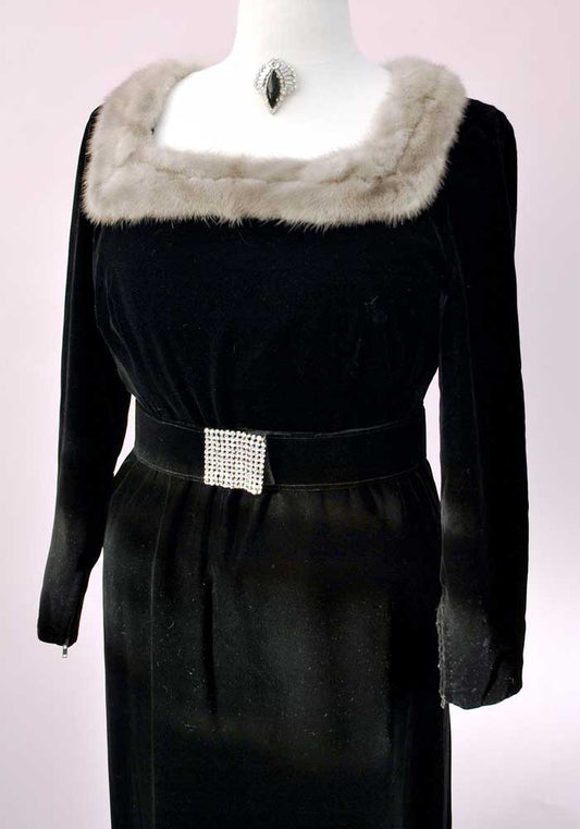 50s grey mink trimmed black velvet gown