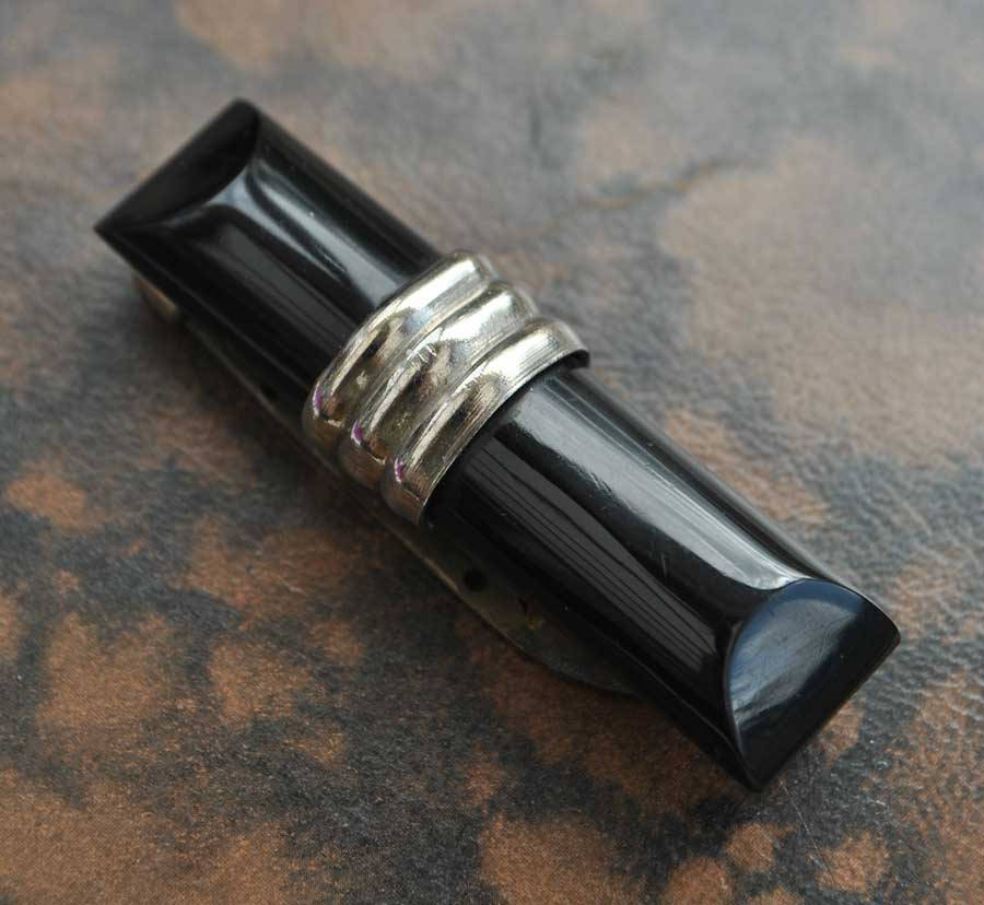 Deco Vintage Jakob Bengel Era Black Galalith Dress Clip • Machine Age Art Deco Clip