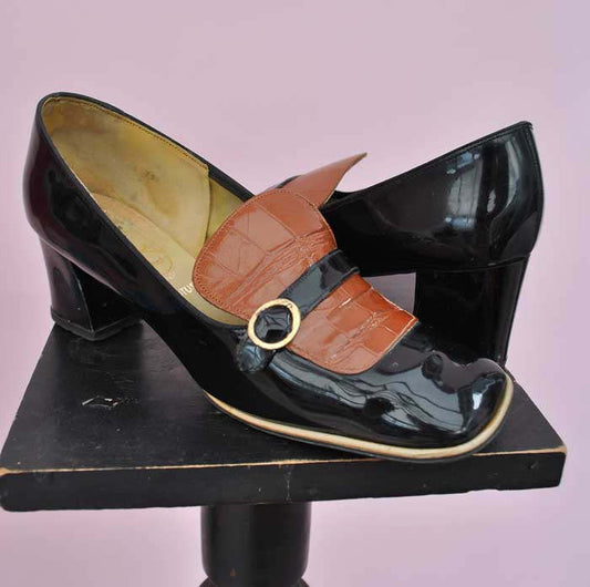 black and tan patent 60s Mod shoes for women with buckle and strap