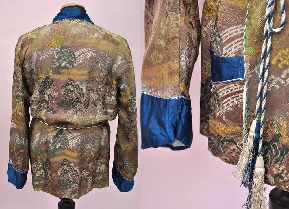 1950s Vintage Blue Silk Brocade Smoking Jacket Robe • Chinoisserie