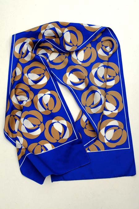 Vintage long blue silky scarf Mackintosh style rose print