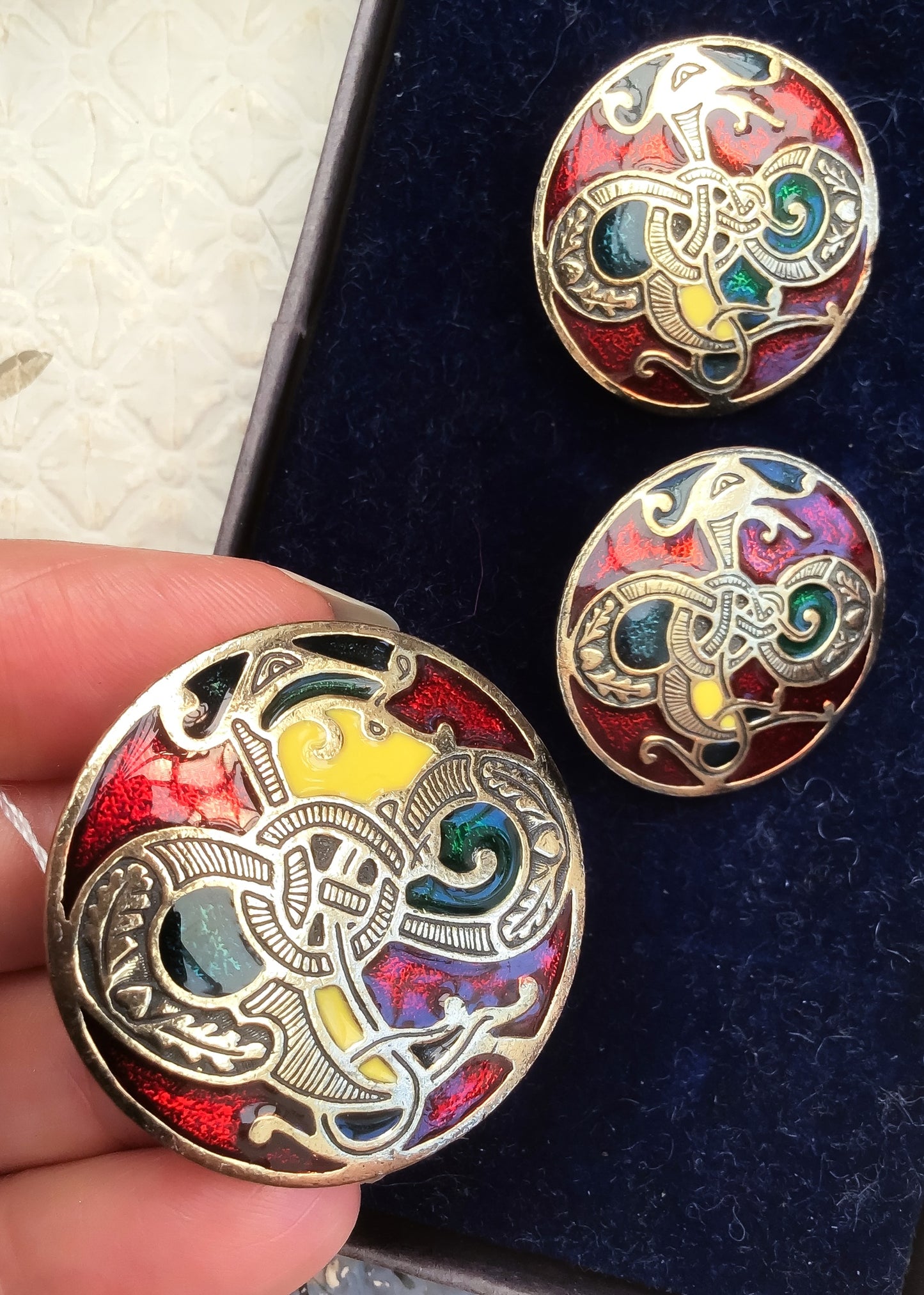 Vintage Celtic Enamel Cloisonné Brooch and Earring Set by Miracle