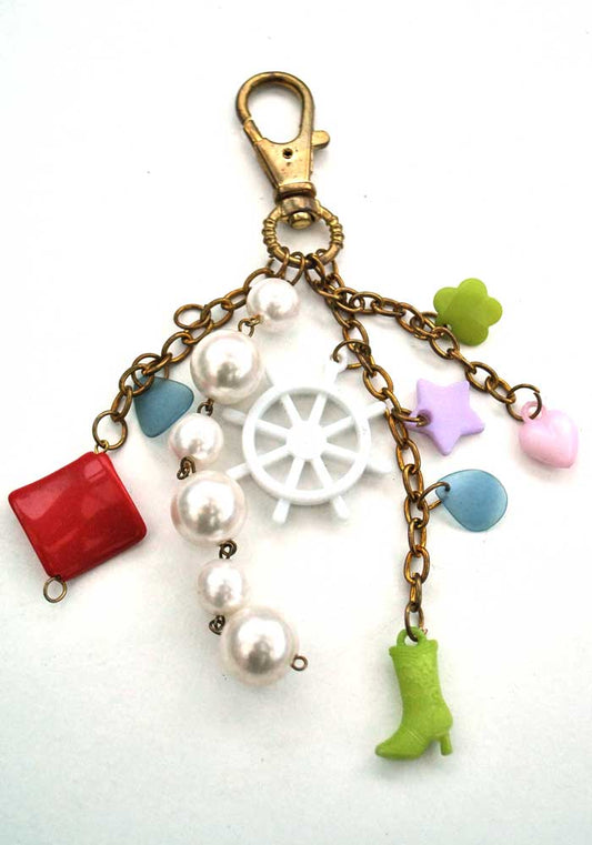 Vintage 60s Plastic Charm Keyring • Ships Wheel • Boot  Hearts