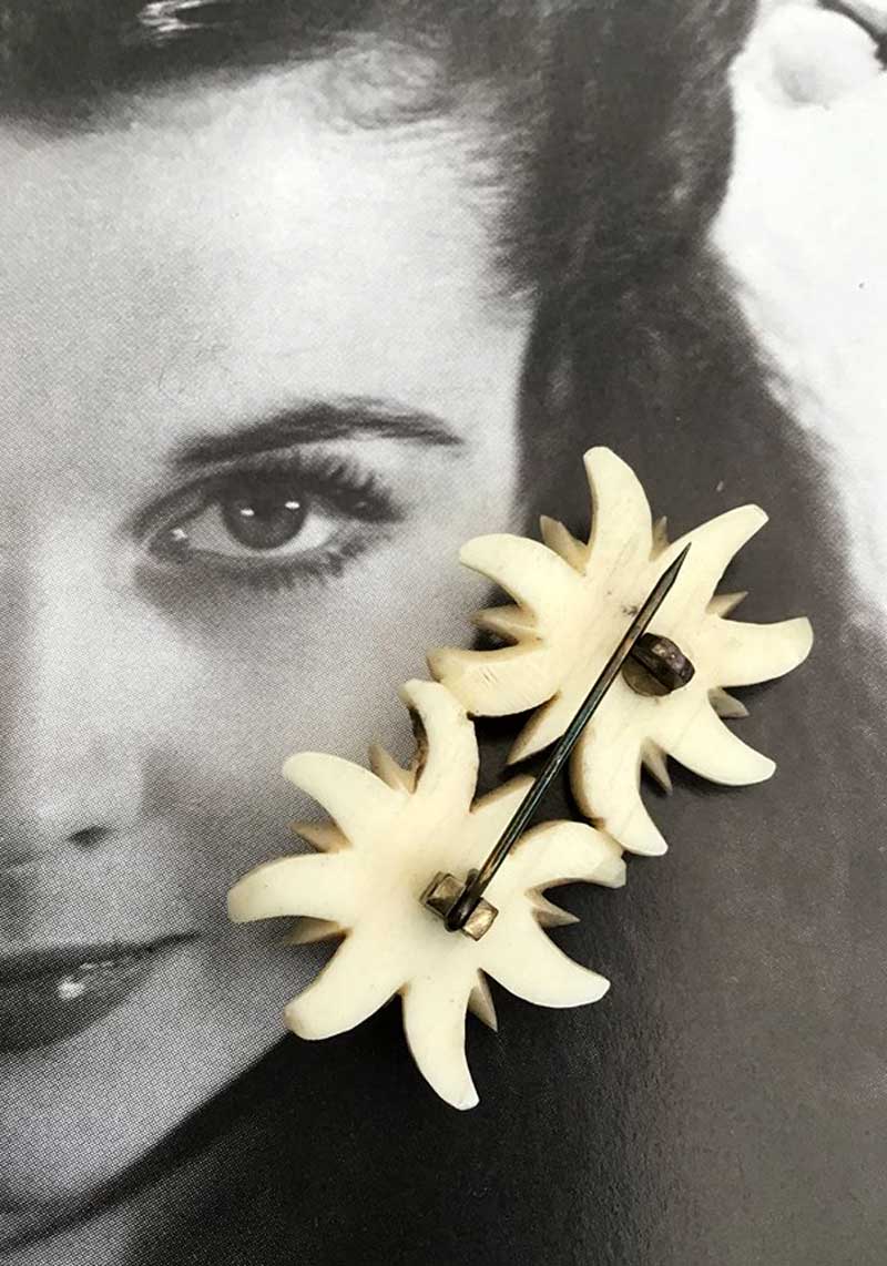 1930s Vintage Carved Bone Double Eidelweiss Brooch