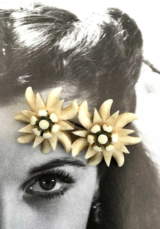 1930s Vintage Carved Bone Double Eidelweiss Brooch