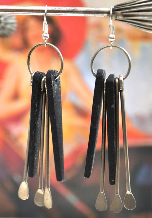 Vintage Modernist Metal & Ebonised Wood Dangle Earrings • Boho
