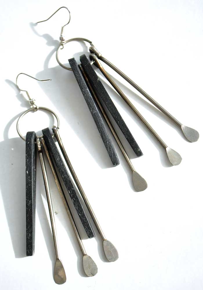 Vintage Modernist Metal & Ebonised Wood Dangle Earrings • Boho