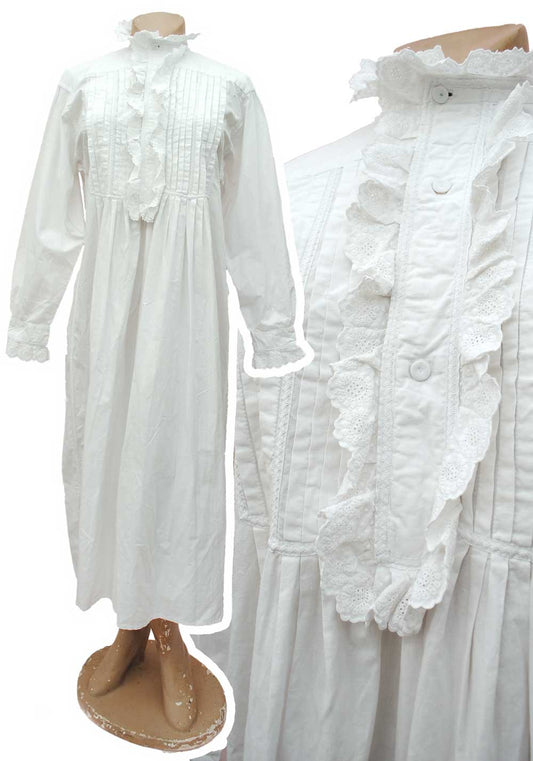 Antique Victorian White Linen Nightie With Frilly Front