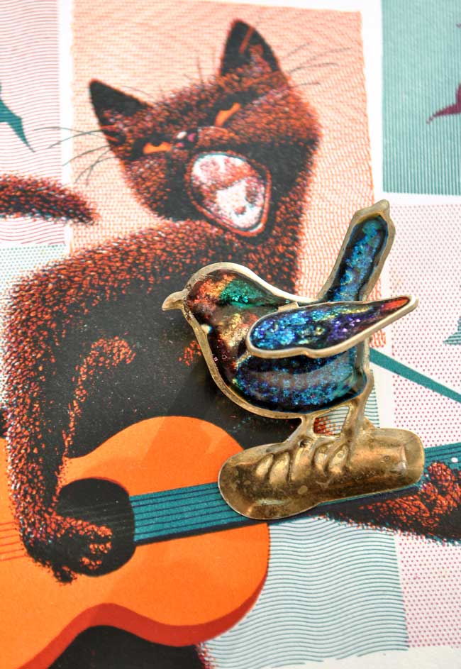 Vintage Enamel Tin Bird Brooch with Articulated Wing
