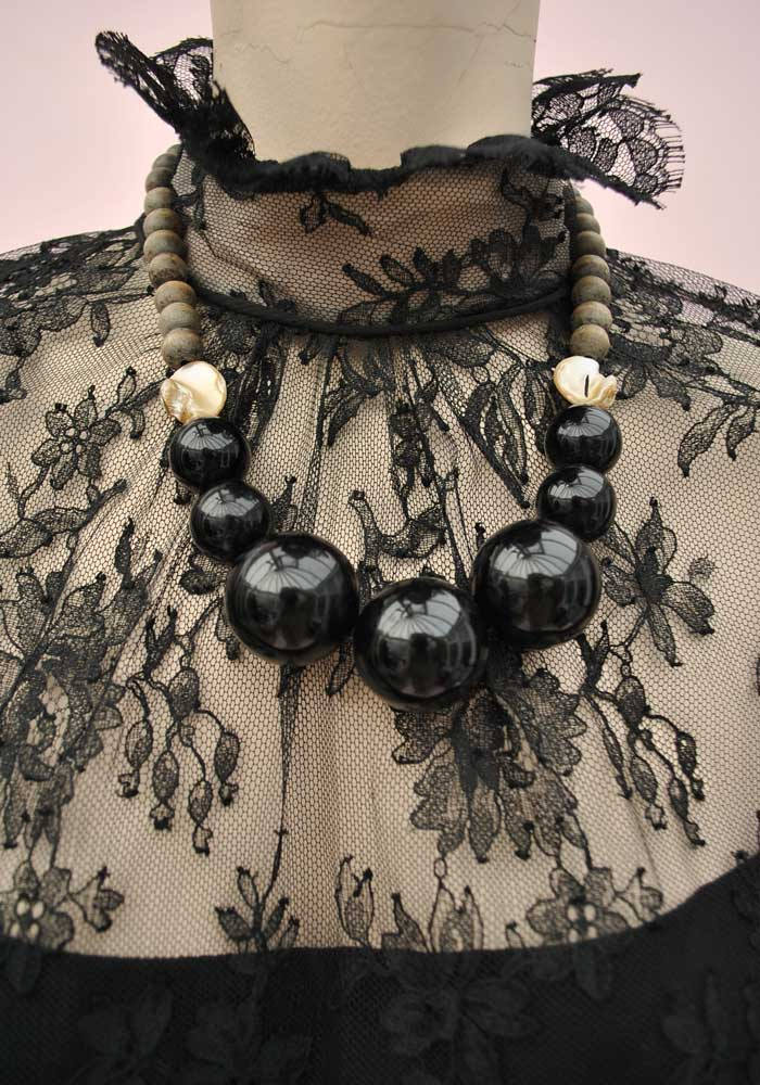 high lace neckline, chantilly lace