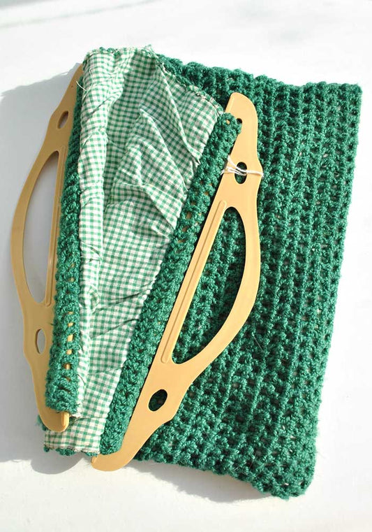 Vintage Green Crochet & Gingham Knitting Bag • Plastic handles