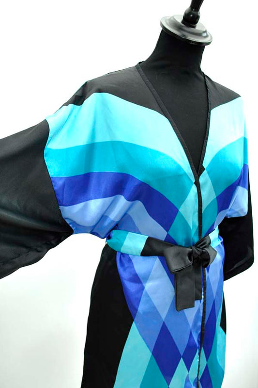1970s Vintage Harrods Blue and Black Kimono Robe • Gottex