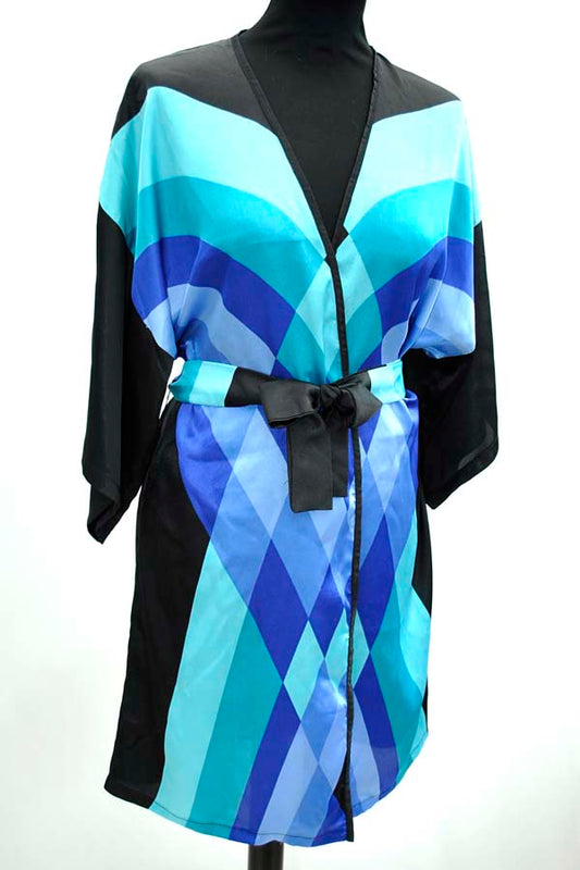 1970s Vintage Harrods Blue and Black Kimono Robe • Gottex