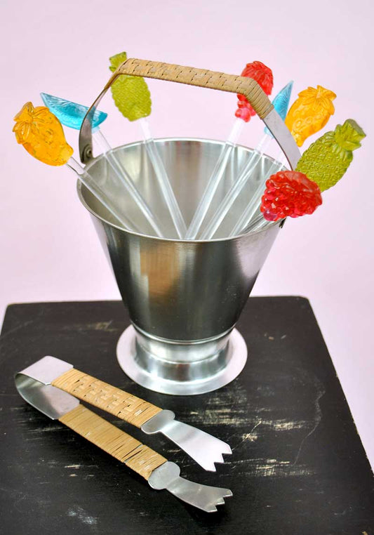 1950s Vintage Midcentury Danish Stainless Steel Ice bucket with Wicker Handles