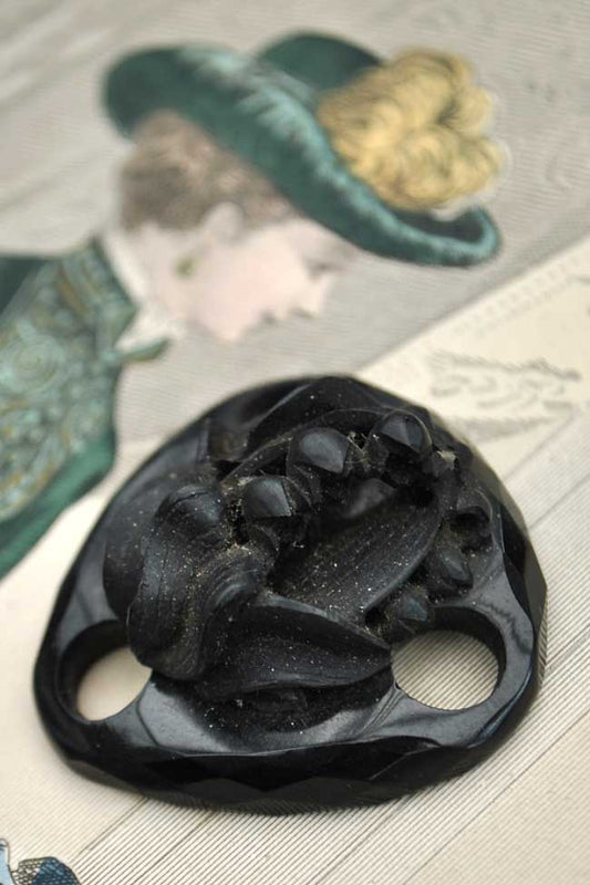 antique whitby jet pendant, necklace spacer with carved lily of the valley flowers