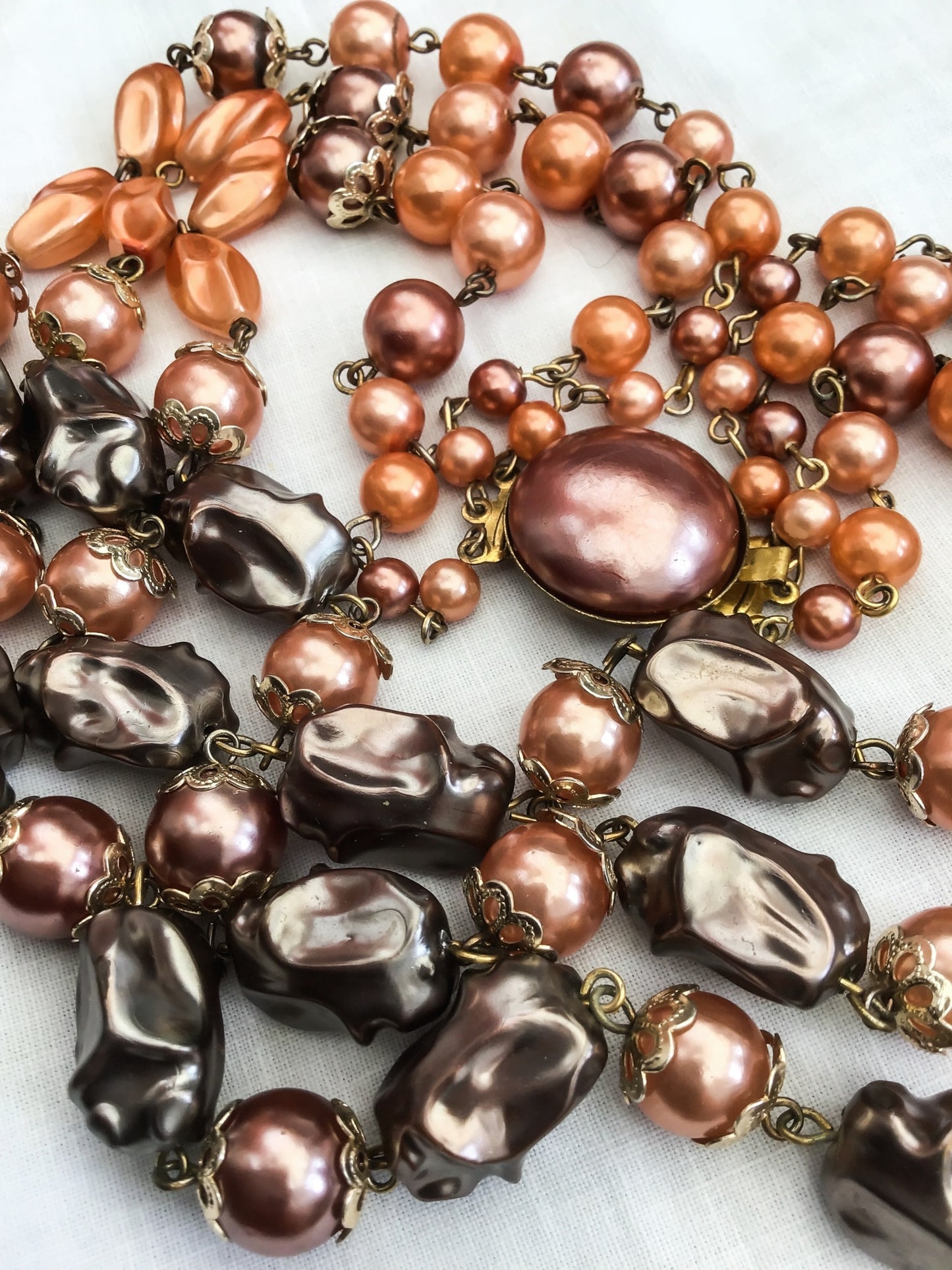 Vintage 1950s Peach Carnival Lustre Bead Necklace • Triple Strand