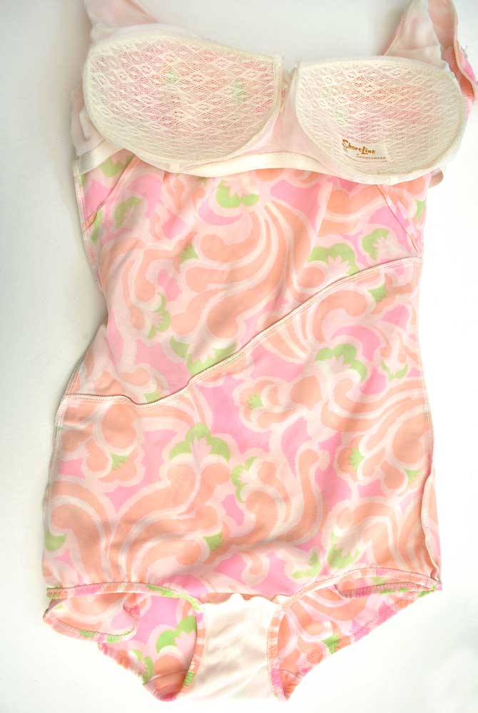 1960s Vintage Pink Psychedelic Skirted Swimsuit • Moulded Bra • 36"B
