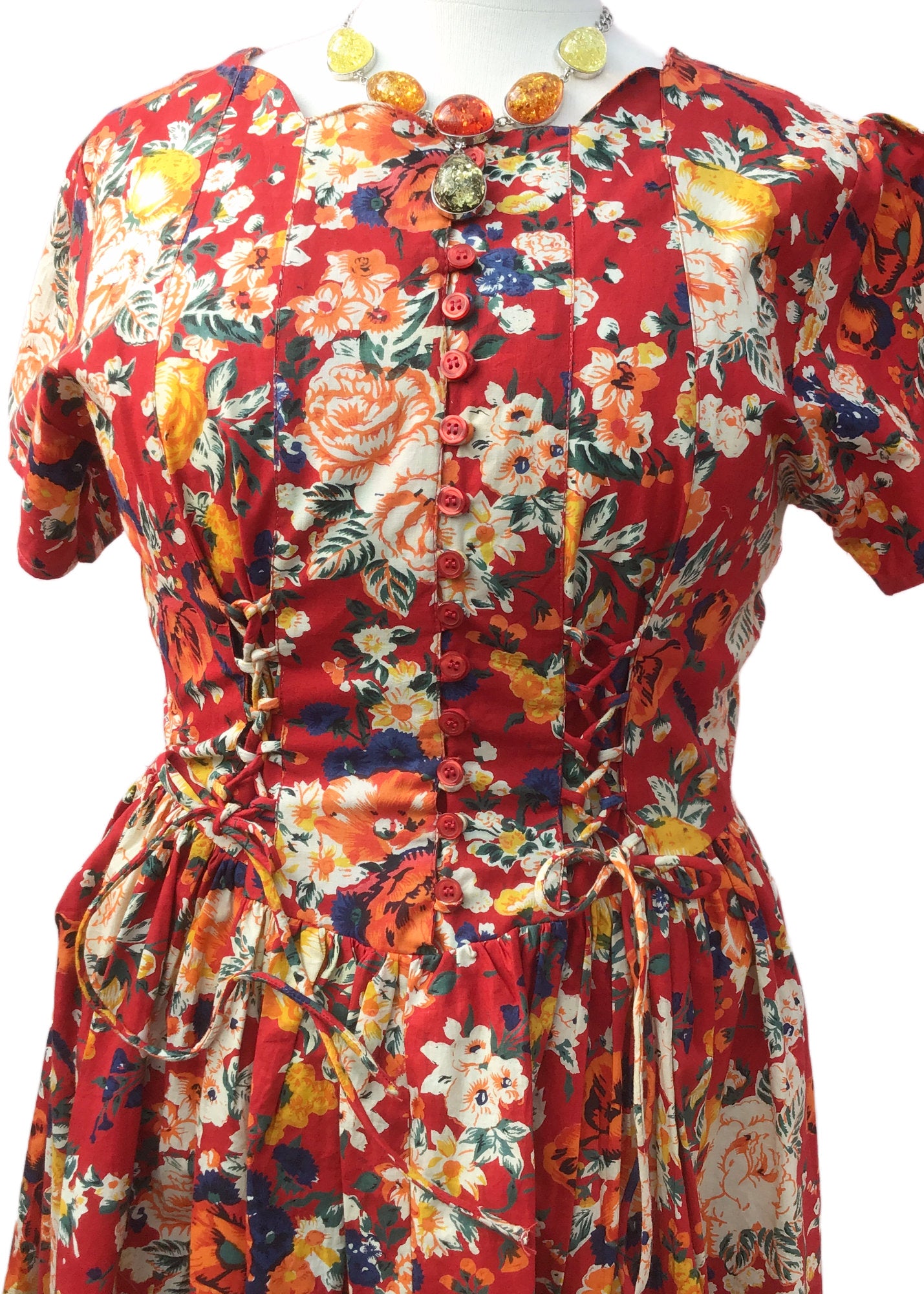 Red Roses Floral Print Retro Summer Dress with Waist Lacing • Size 16