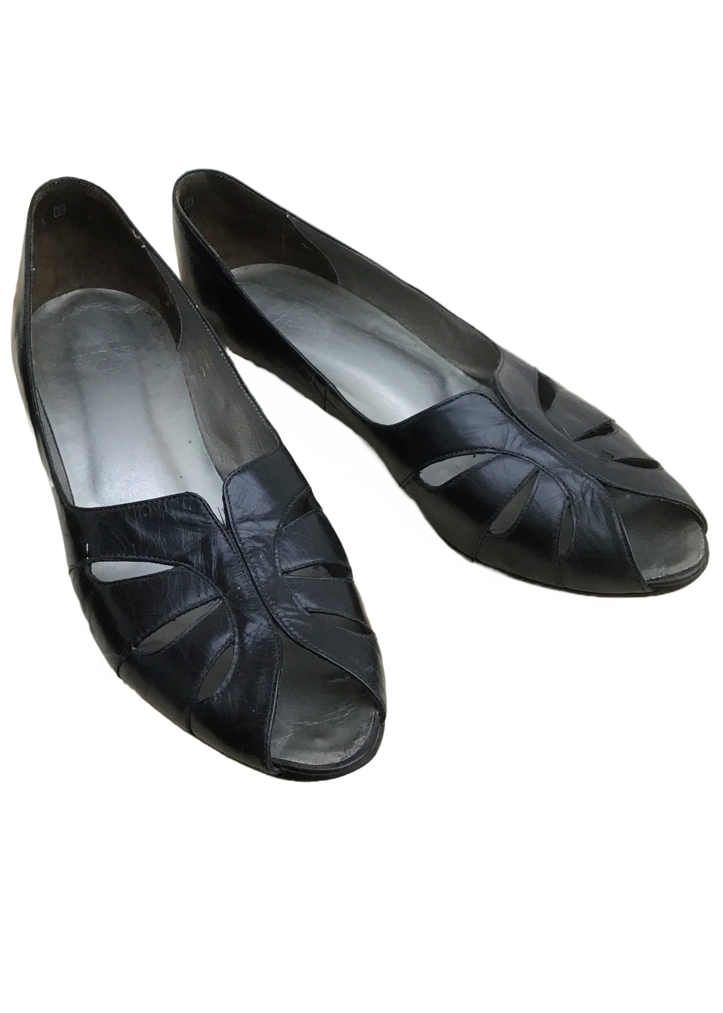 Vintage 80s Black Leather K Peep Toe Pumps Shoes • Clarkes Shoes • size UK7