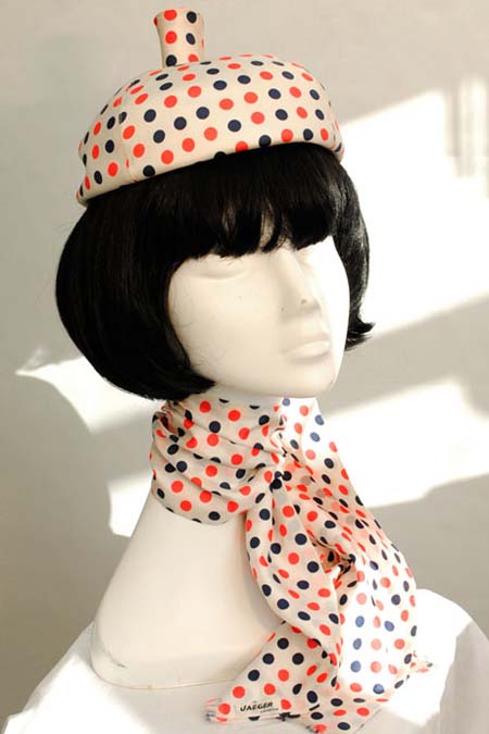 Vintage 1960s Silk Polka Dot Pillbox Hat & Scarf Set by Jaeger