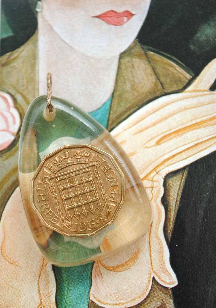 vintage 1966 collectible thruppenny bit pendant, thr'pence