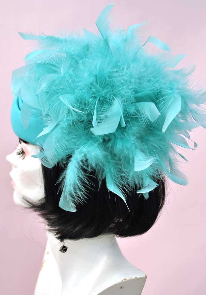 Vintage 80s Turquoise Felt Coque Feather Hat